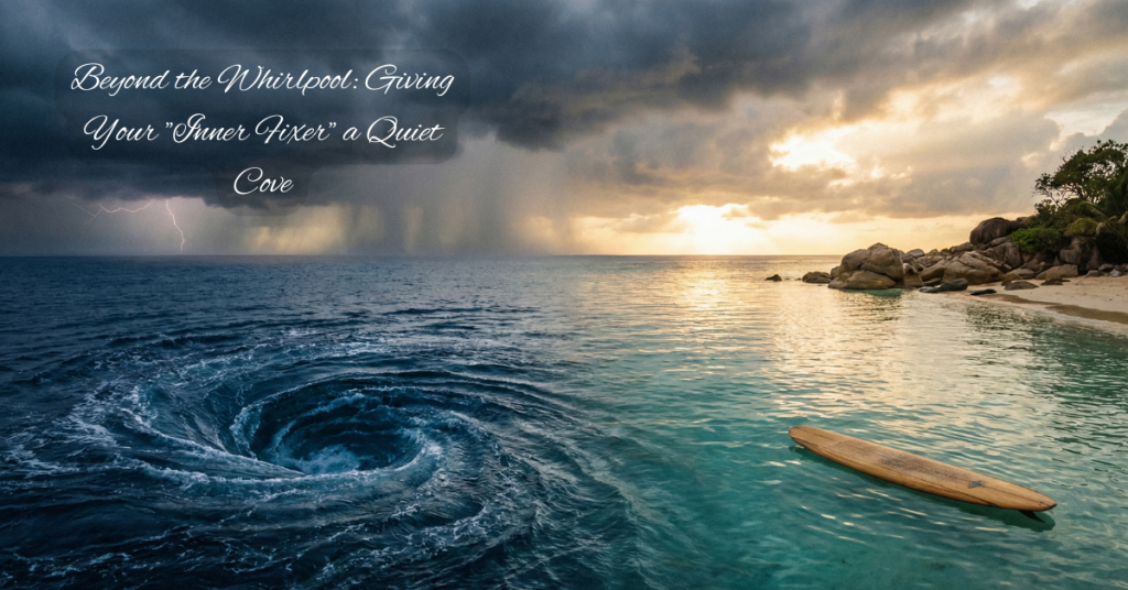 A peaceful ocean sunset with a surfboard floating on calm water, representing the shift from anxiety to heart-centered peace.