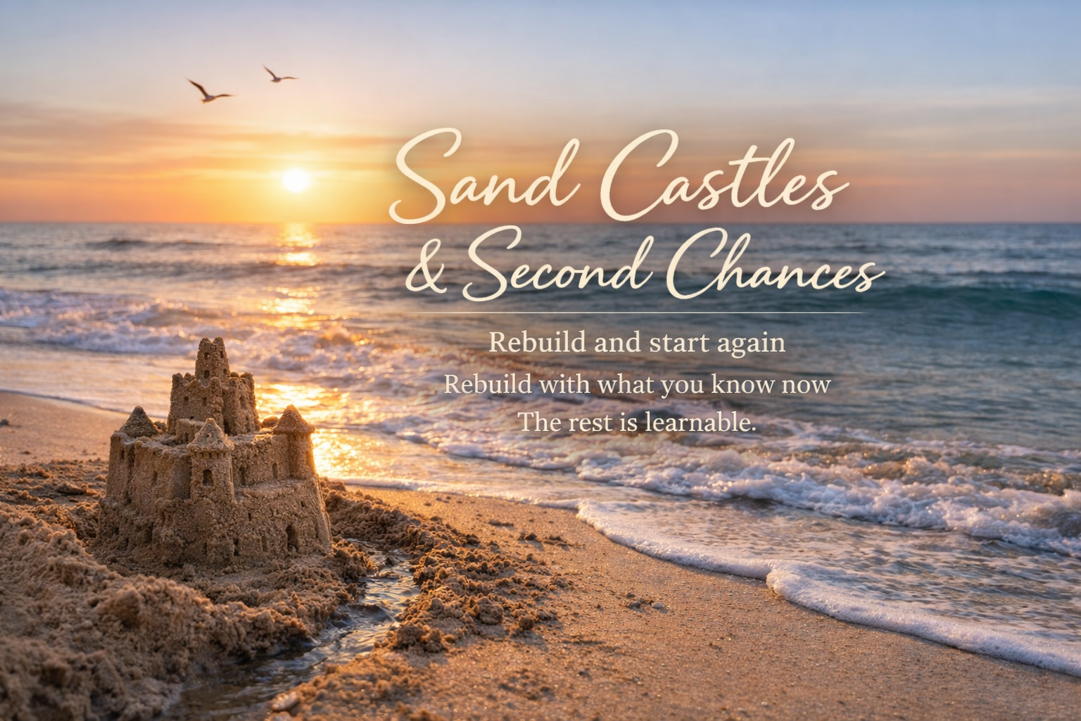 Sunset beach scene with a sandcastle and gentle waves, overlaid with “Sand Castles and Second Chances” and rebuilding text