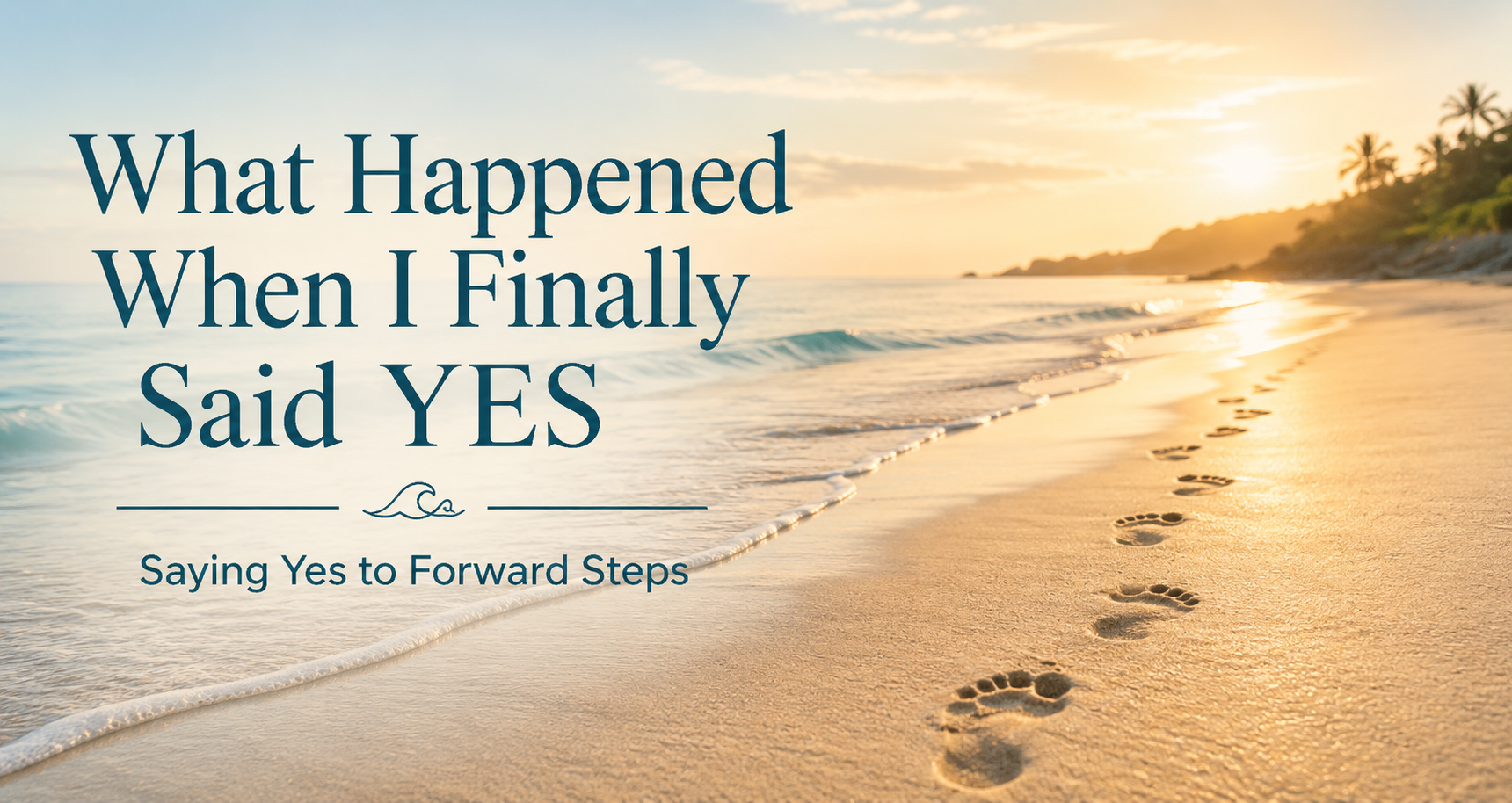 Footprints leading forward through wet beach sand beside the ocean, representing saying yes to forward steps.